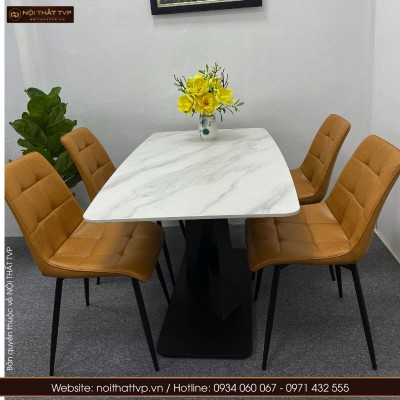 Bộ bàn ăn 4 ghế mặt đá ghế cami màu cam