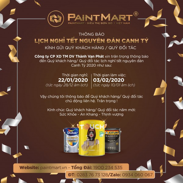 Kính gửi Quý khách hàng lịch nghỉ tết năm 2020 của PaintMart