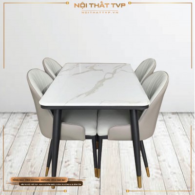 Bộ bàn ăn 4 ghế mặt đá Marble, chân sắt sơn tĩnh điện bọc đồng, ghế Otomo chân gỗ cao, bọc vải đệm cao cấp TVP - xám trắng