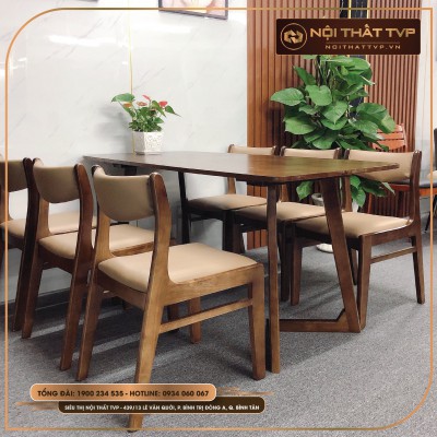Bộ bàn ăn gỗ 6 người dáng cao, chữ V, ghế Bella gỗ cao su - bọc đệm da Hàn Quốc TVP - màu nâu vàng
