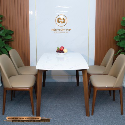 Bộ bàn ăn 4 ghế mặt đá Marble trắng vân mây, ghế Grace gỗ cao su tự nhiên, đệm bọc da Hàn Quốc 