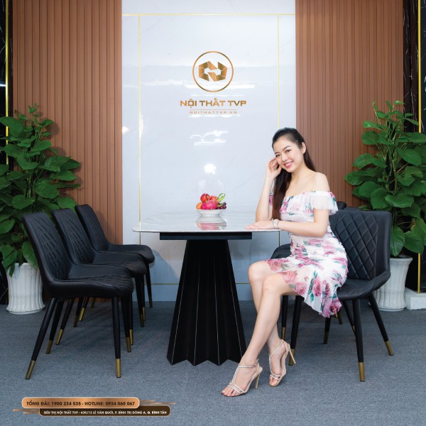 Bộ bàn ăn 6 ghế mặt đá Marble vân mây, chân cánh buồm, ghế Loft trám bọc da Microfiber chống cháy, chân inox mạ titan - đen