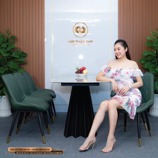 Bộ bàn ăn 6 ghế mặt đá Marble vân mây, chân cánh buồm, ghế Loft trám bọc da Microfiber chống cháy, chân inox mạ titan - xanh rêu