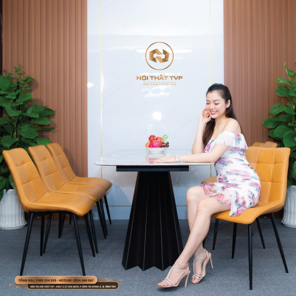 Bộ bàn ăn 6 ghế mặt đá Marble vân mây, chân cánh buồm, ghế Loft vuông, chân sắt sơn tĩnh điện - cam