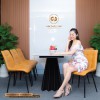 Bộ bàn ăn 6 ghế mặt đá Marble vân mây, chân cánh buồm, ghế Loft vuông, chân sắt sơn tĩnh điện - cam