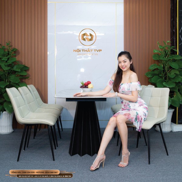 Bộ bàn ăn 6 ghế mặt đá Marble vân mây, chân cánh buồm, ghế Loft vuông, chân sắt sơn tĩnh điện - kem