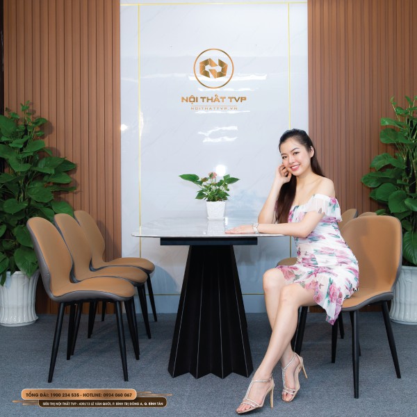 Bộ bàn ăn 6 ghế mặt đá Marble vân mây, chân cánh buồm, ghế nệm nỉ Hàn cao cấp - nâu