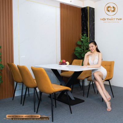 Bộ bàn ăn mặt đá Marble trắng chân sắt sơn tĩnh điện, ghế Loft vuông bọc da cao cấp - cam