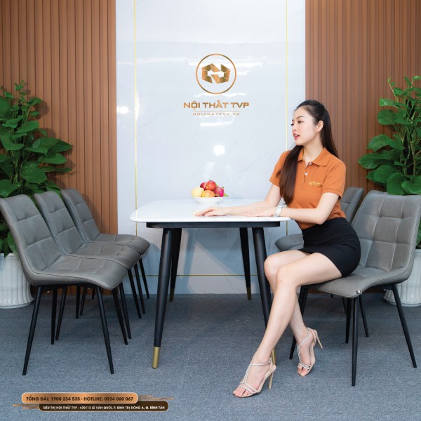 Bộ bàn ăn 6 ghế mặt đá Marble trắng, chân sắt sơn tĩnh điện, ghế Loft vuông bọc da cao cấp, chân sắt sơn tĩnh điện - xám