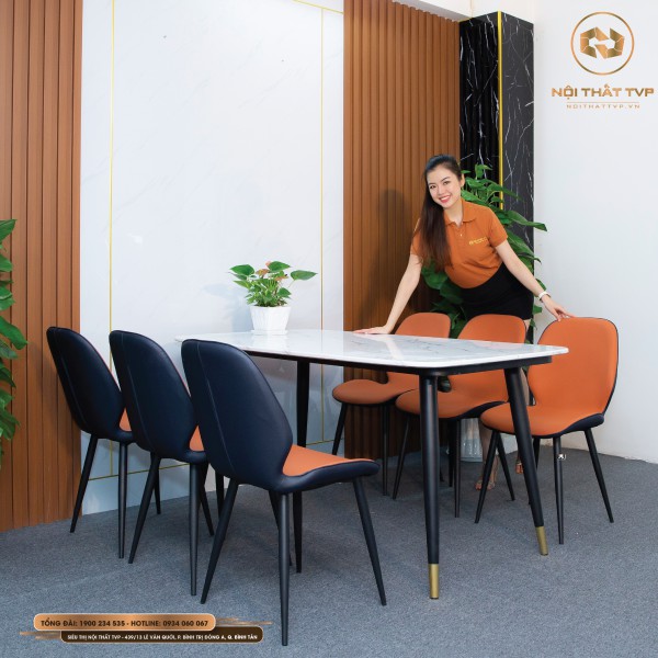 Bộ bàn ăn 6 ghế mặt đá Marble trắng, chân sắt sơn tĩnh điện, ghế nệm nỉ Hàn nhập khẩu - cam