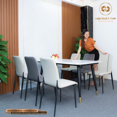 Bộ bàn ăn 6 ghế mặt đá Marble trắng, chân sắt sơn tĩnh điện, ghế nệm viền thời trang cao cấp
