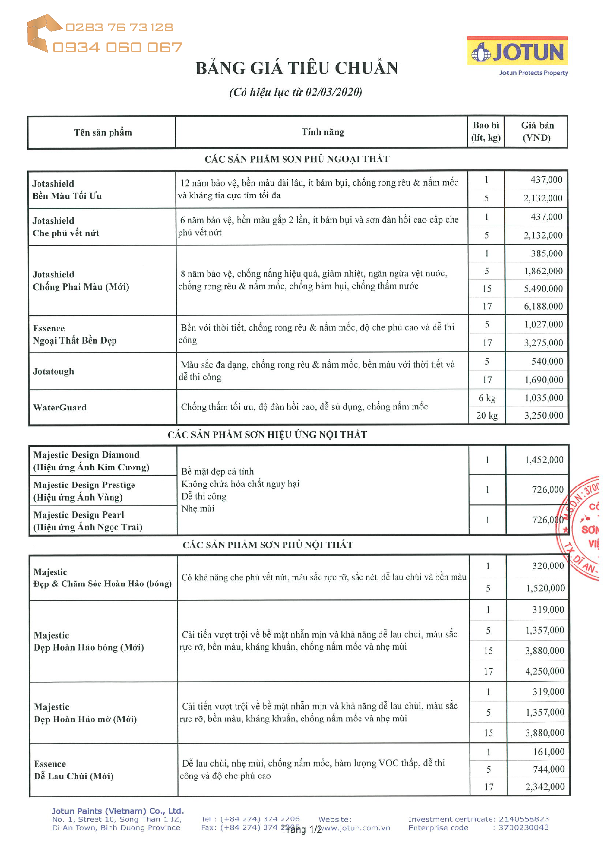 Bảng giá sơn Jotun 2020-01