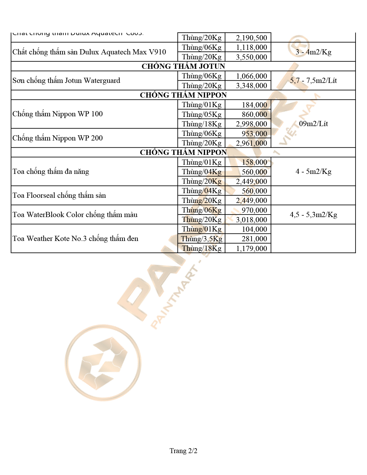 Bảng giá sơn chống thấm trang 2