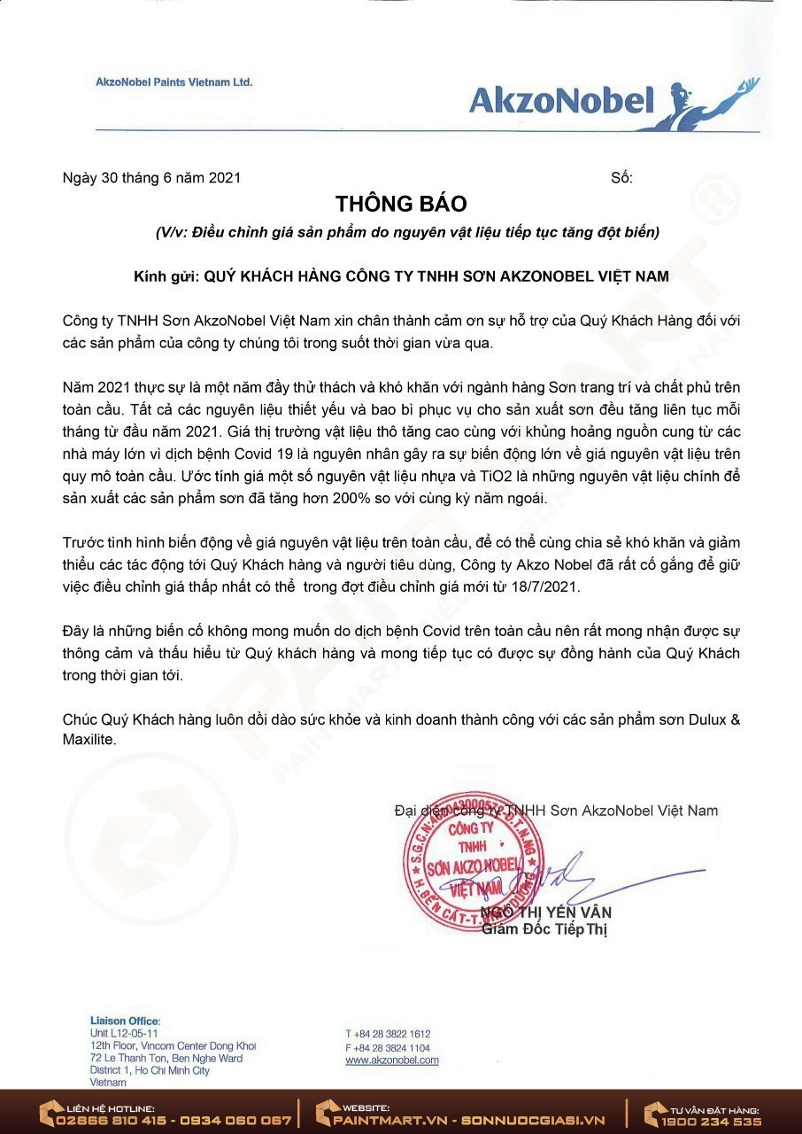 Thông báo tăng giá sơn Dulux